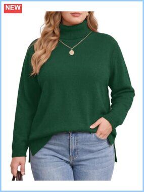Plus Size Turtleneck Sweater Long Sleeve Split Hem Knit Pullover Top